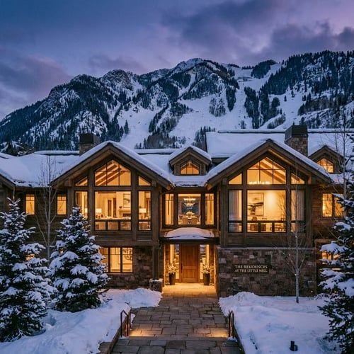 Ultra-luxury winter resort exterior of The Little Nell in Aspen glowing at dusk