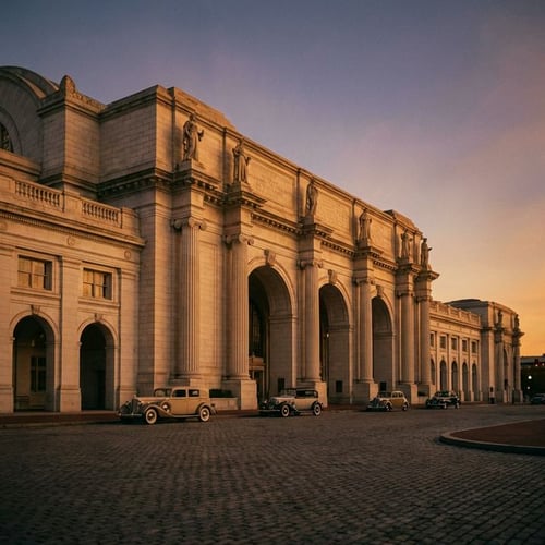 Grand, historic beaux-arts architecture of Washington D.C.'s Union Station in warm light