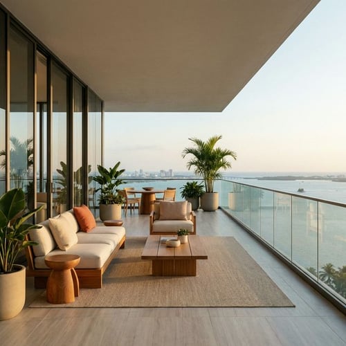 High-rise Brickell condo terrace with sweeping Biscayne Bay views