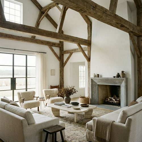 Design-forward modern farmhouse interior with reclaimed wood beams