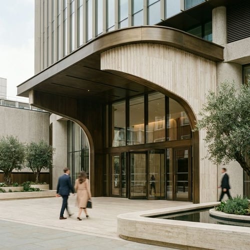 Modern office tower exterior sweeping entryway
