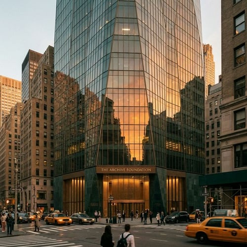 Striking institutional skyscraper reflecting sunset sky