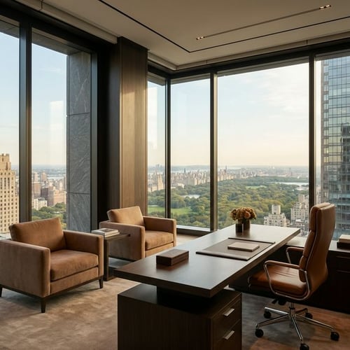 High-end corner executive office interior looking out toward Central Park