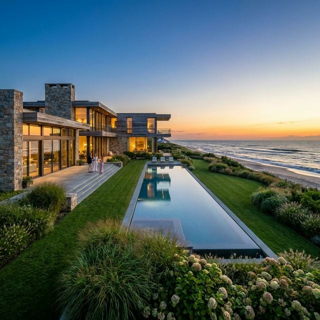 Sprawling modern oceanfront estate in the Hamptons at sunset