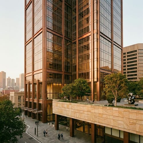 Soaring, modern commercial tower reflecting sunset light