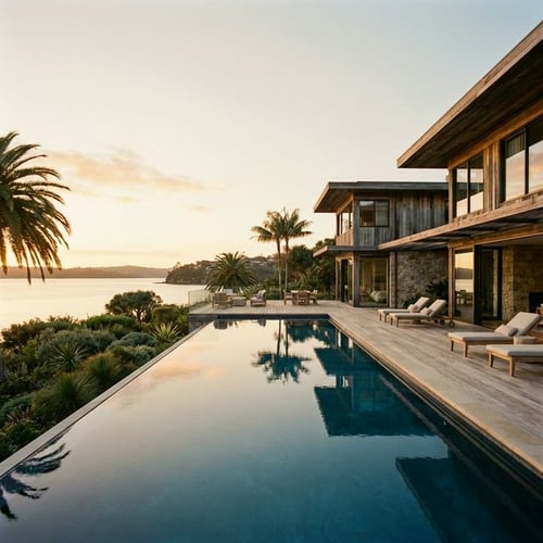 Modern luxury waterfront estate with an infinity pool at sunset overlooking the bay