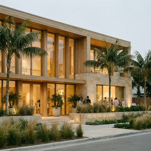 Sleek boutique mixed-use commercial facade with coastal palm trees