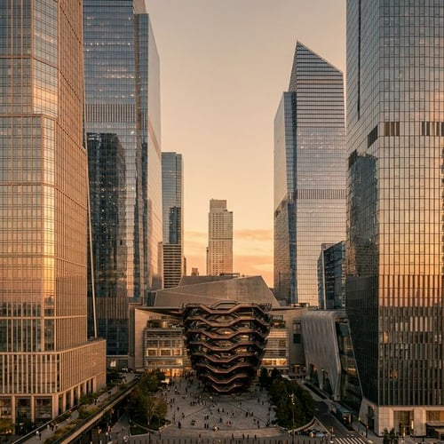 Modern glass towers and The Vessel at Hudson Yards