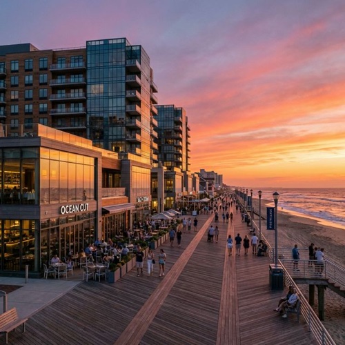Long Branch NJ boardwalk promenade at sunset with modern residential towers and ocean views