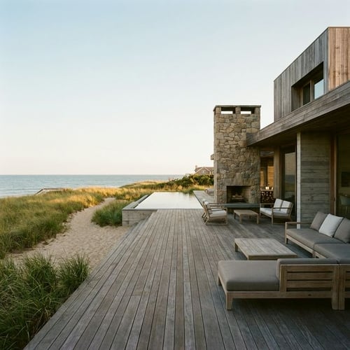 Expansive wooden deck overlooking the Atlantic ocean