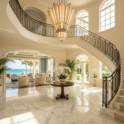 Ultra-luxury Palm Beach grand foyer with ocean-facing views