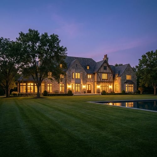 Grand luxury residential estate exterior at dusk