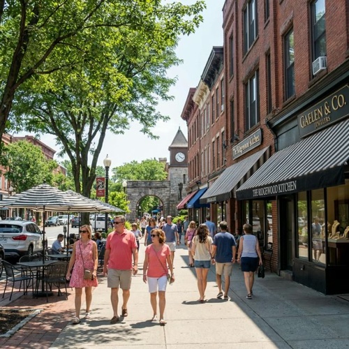 Lively Ridgewood NJ village center with boutique shops and summer pedestrians