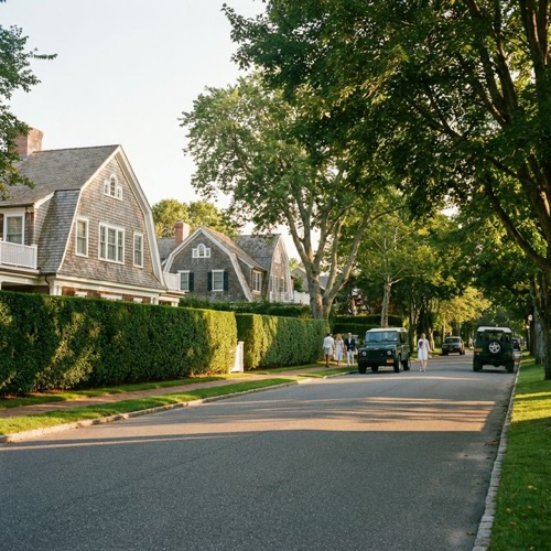 Tree-lined Southampton street with classic shingled estates behind manicured privet hedges