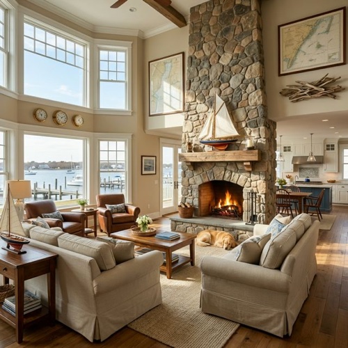 Cozy nautical living room with stone fireplace and bay views in a Toms River waterfront home