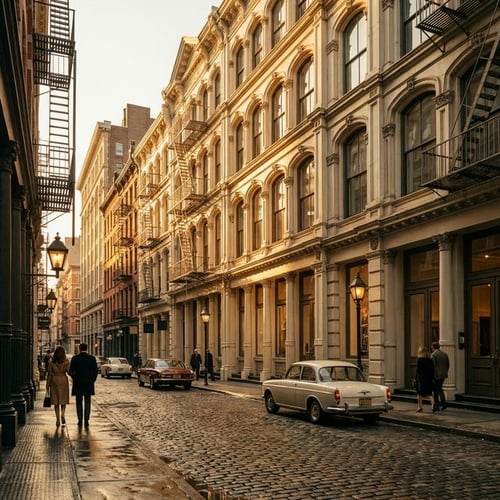 Cobblestone streets and historic cast-iron loft architecture in Tribeca at sunset